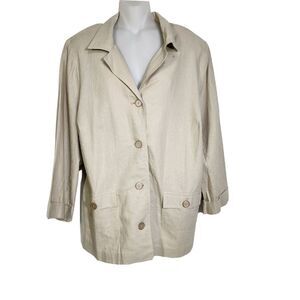 Maggie Barnes Womens Jacket Size 0X 14/16 Beige Linen Blend Pockets Long Sleeve